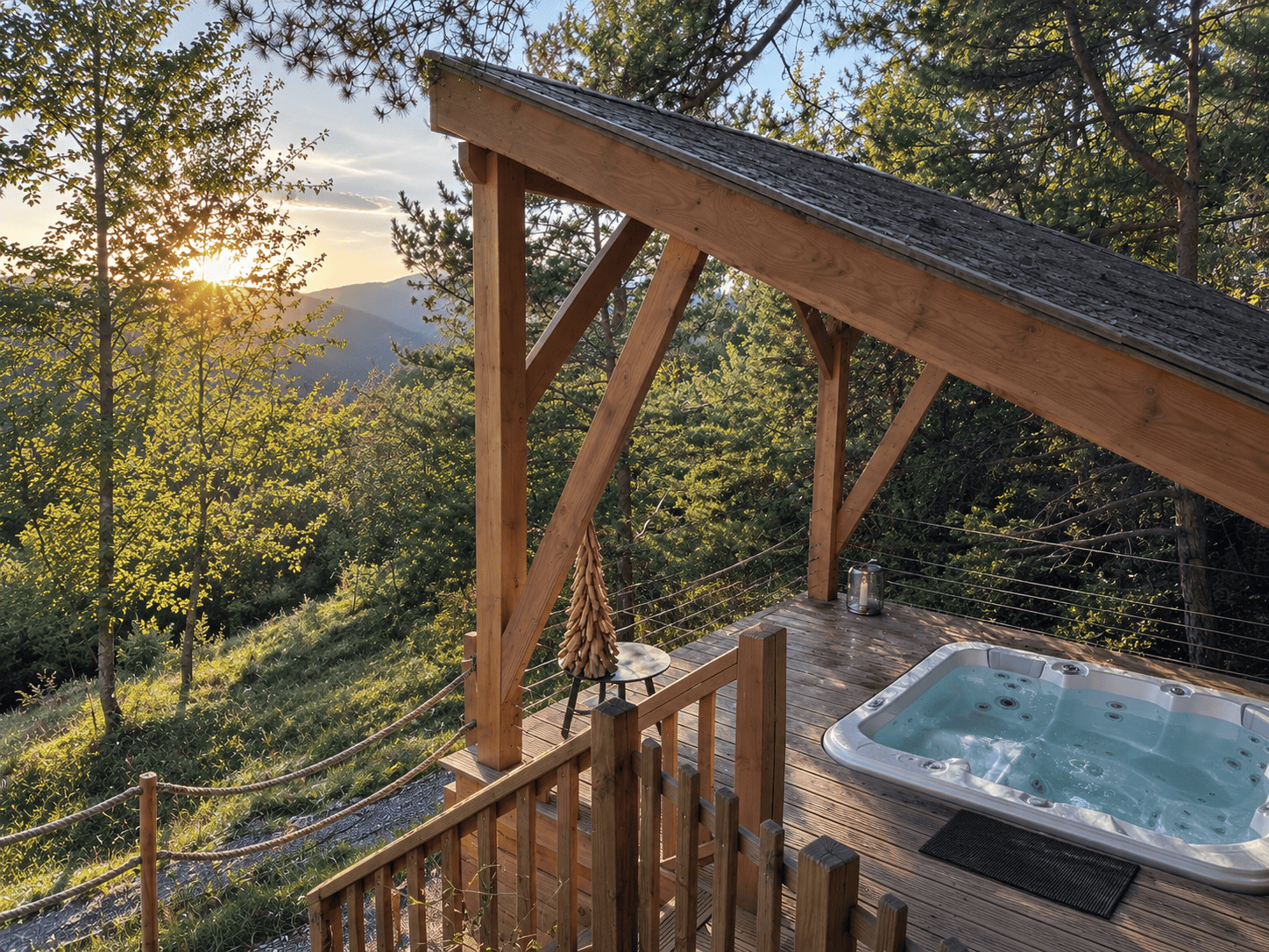 Terrasse forestière au coucher du soleil